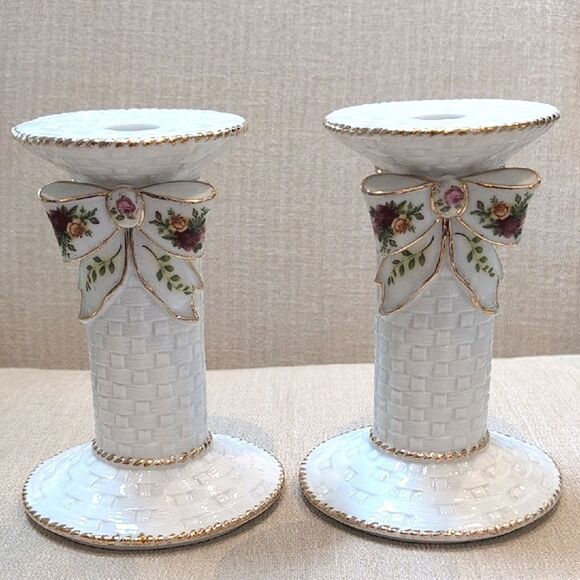 Royal Albert "Old Country Roses" Basketweave Porcelain Candleholders Vintage - Picture 1 of 12